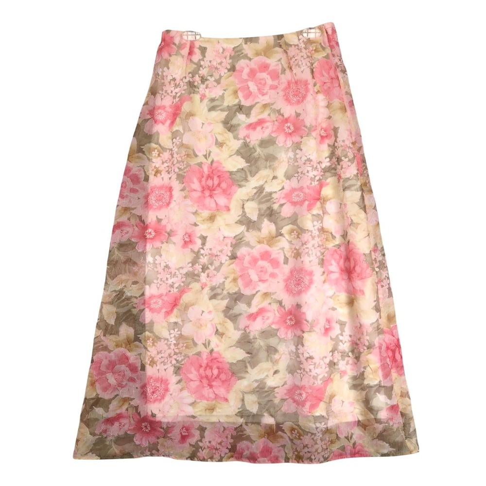 Vintage 90s Dressbarn Pink Floral Midi Skirt Sz M Watercolor Crinkle USA Cottage